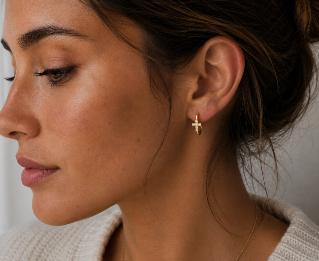 14K GP Huggie Hoop w/ CZ Cross