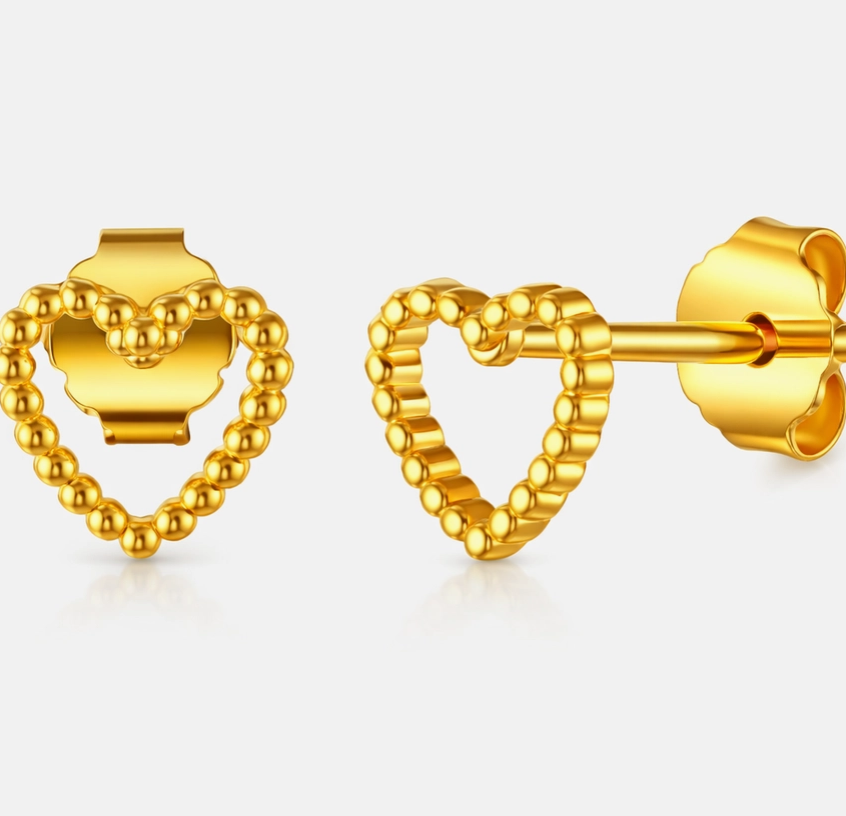 Beaded Open Heart Stud Earrings 14K GP