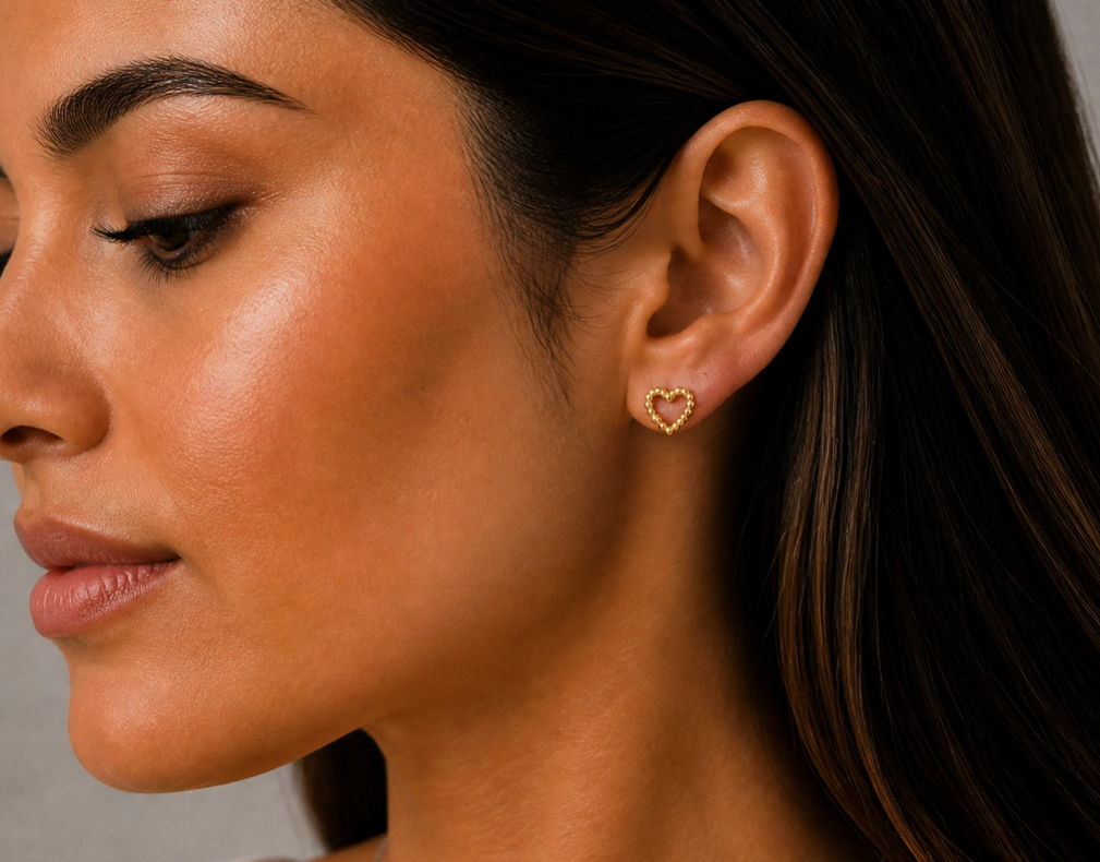 Beaded Open Heart Stud Earrings 14K GP