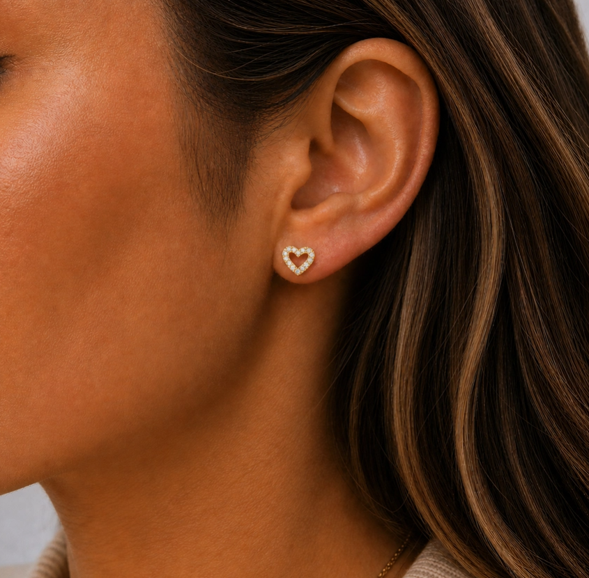 Pavé Cz Open Heart Stud Earrings 14K GP