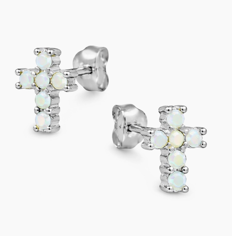 White Opal Cross Stud Earrings RP