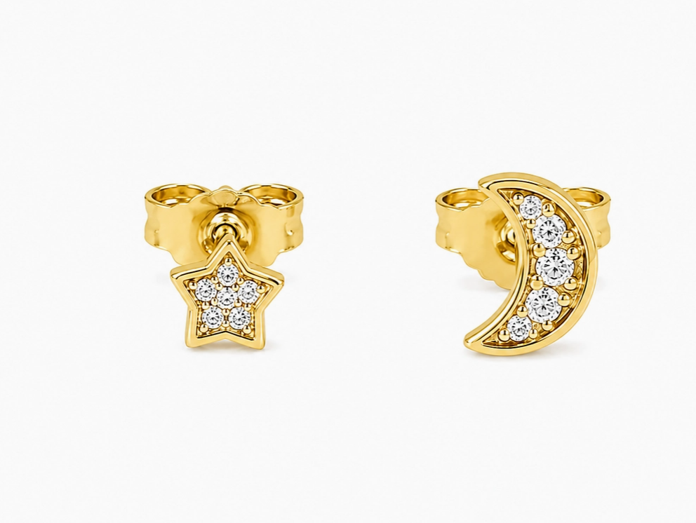 Pavé Cz Moon &amp; Star Stud Earrings 14K GP