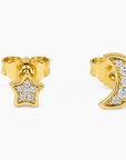 Pavé Cz Moon & Star Stud Earrings 14K GP