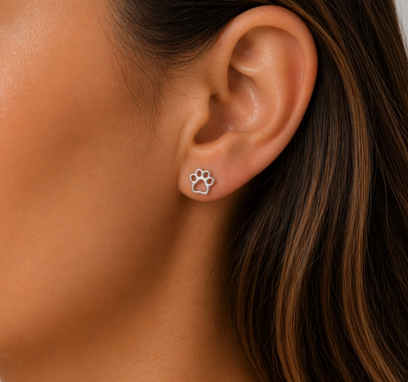 Open Paw Print Studs Rhodium Plated