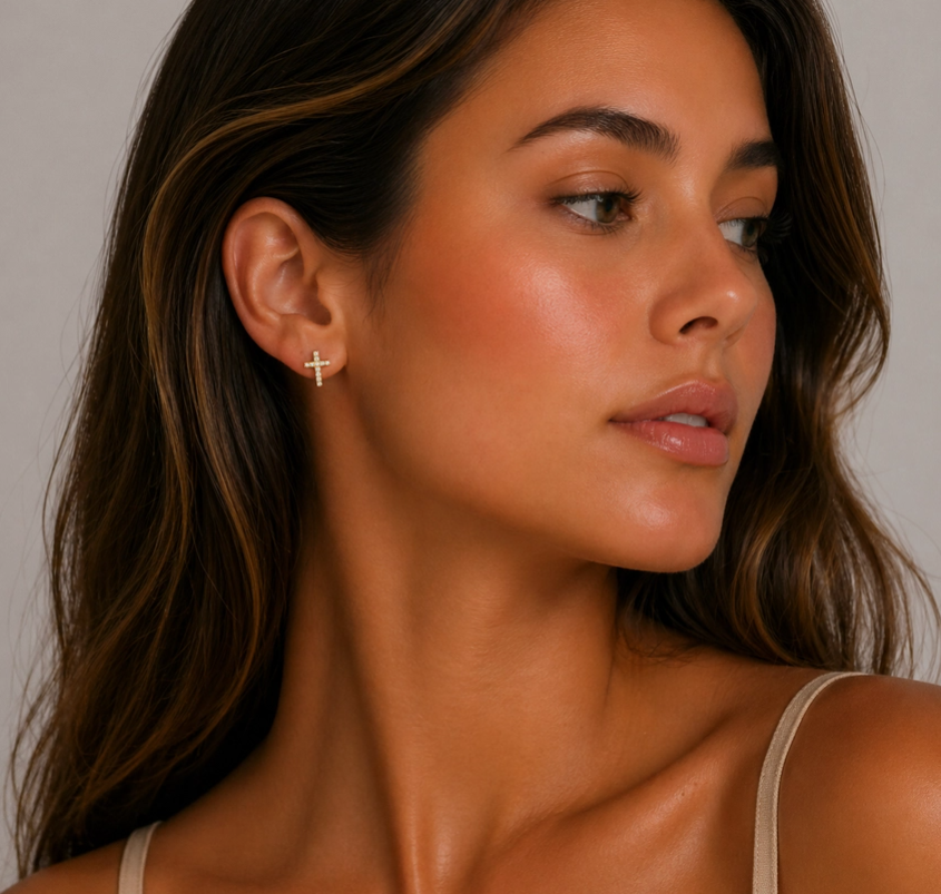 Cz Cross Stud Earrings – 14K Gold Plated