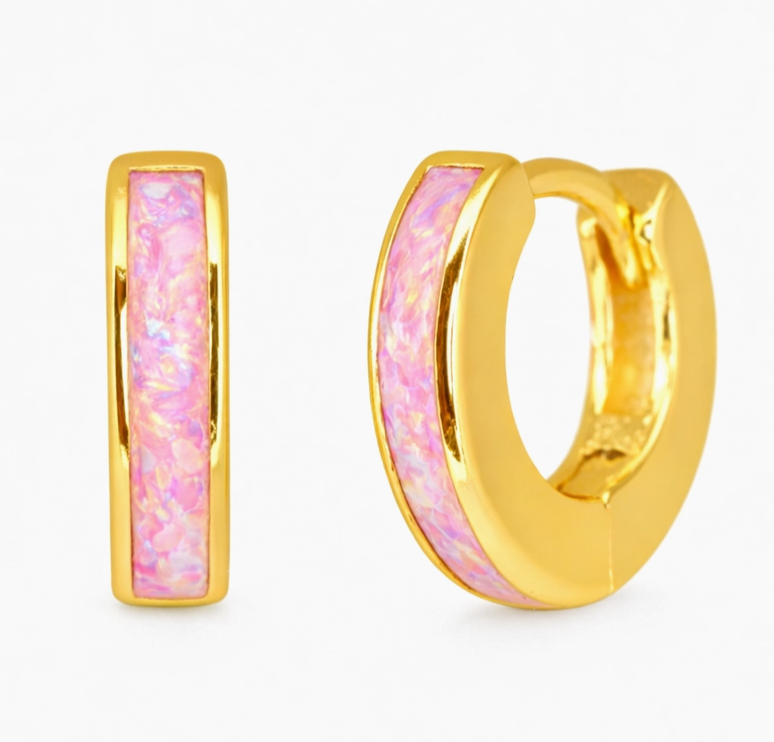 Pink Opal Inlay Huggie Hoops 14K GP