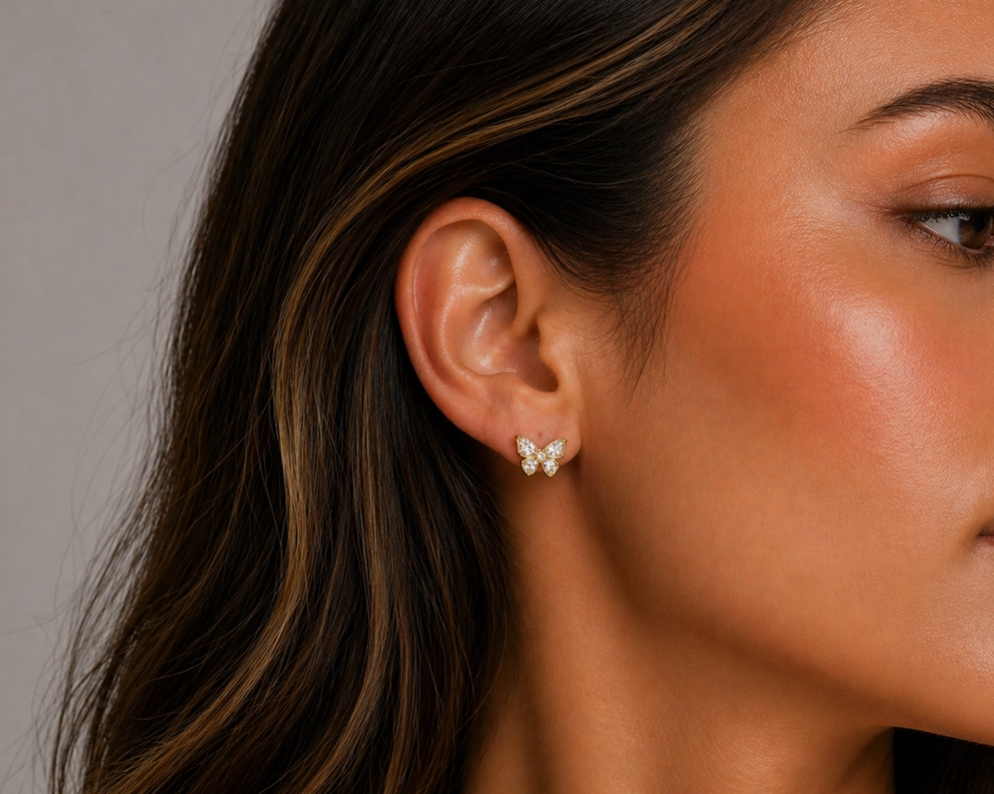 White Cz Butterfly Studs 14K Gold Plated