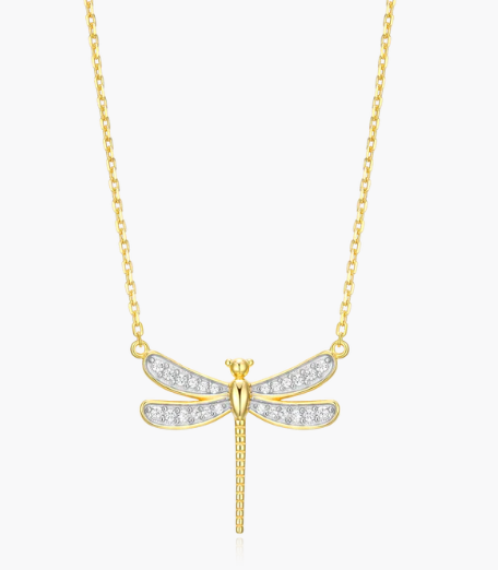 Gold Dragonfly Pave Pendant Necklace