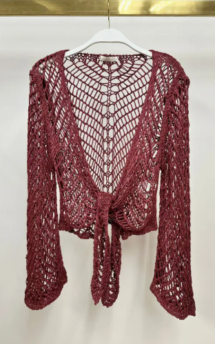 Open Knit Crochet Tie Top - Wine
