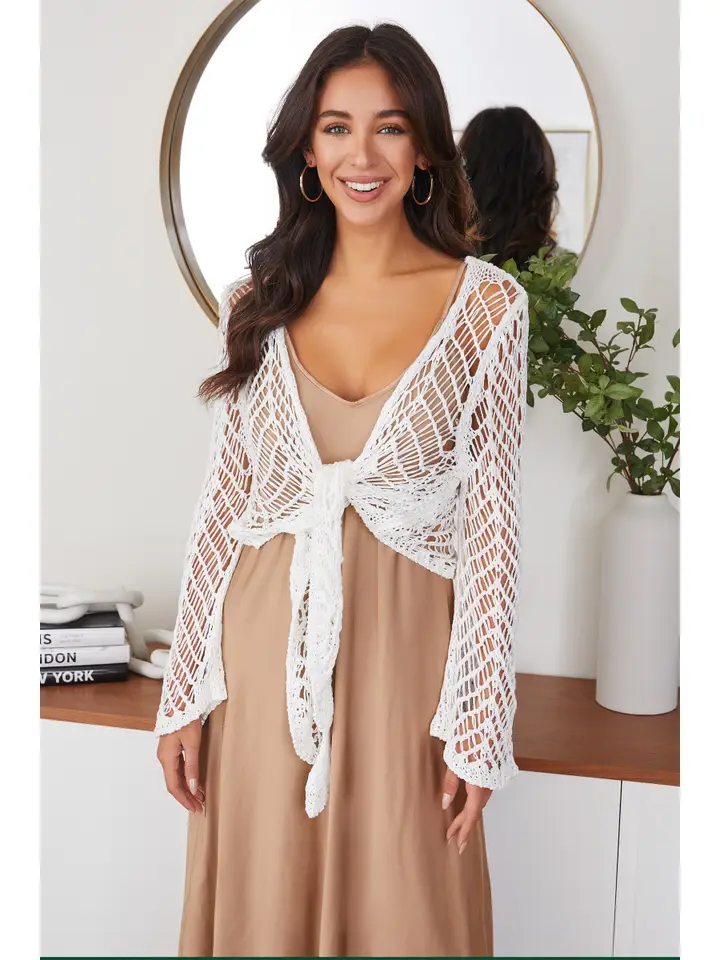Open Knit Crochet Tie Top- White