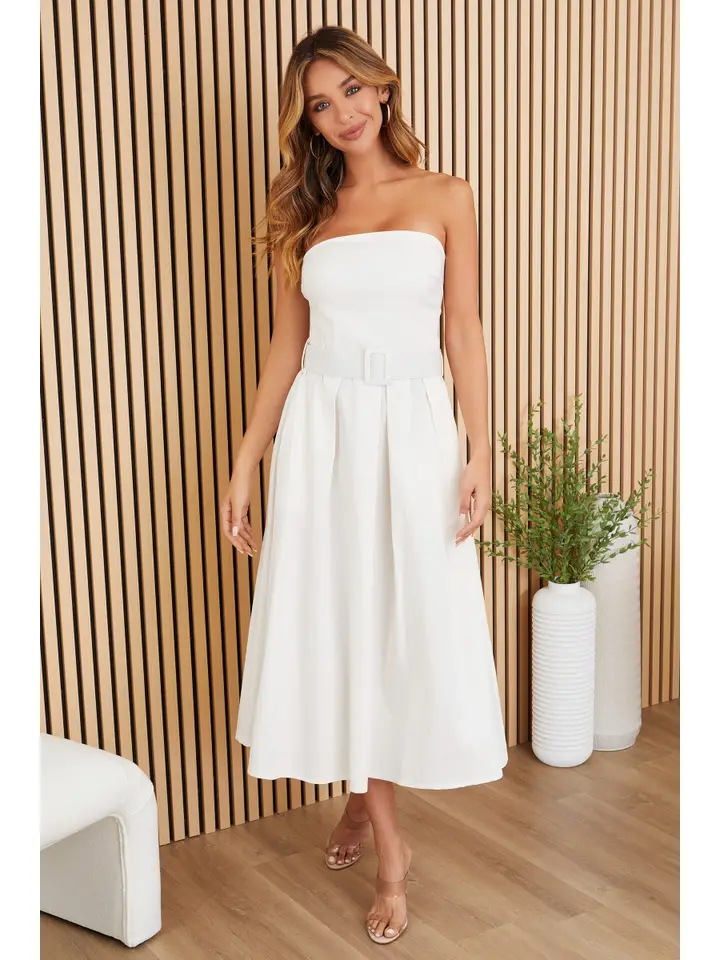 Belted Strapless Midi Dress