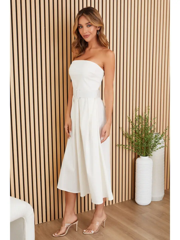 Belted Strapless Midi Dress