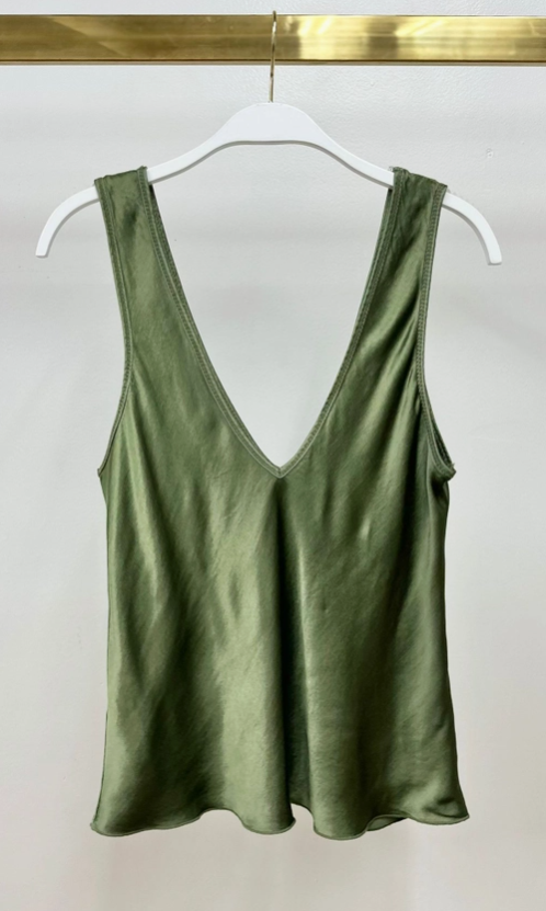 Italian Viscose V Neck Tank - Army Green