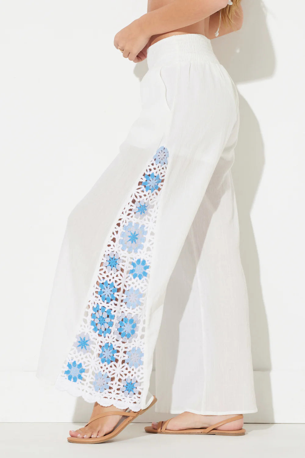 White w/ Blue Crochet Square Insert Pant