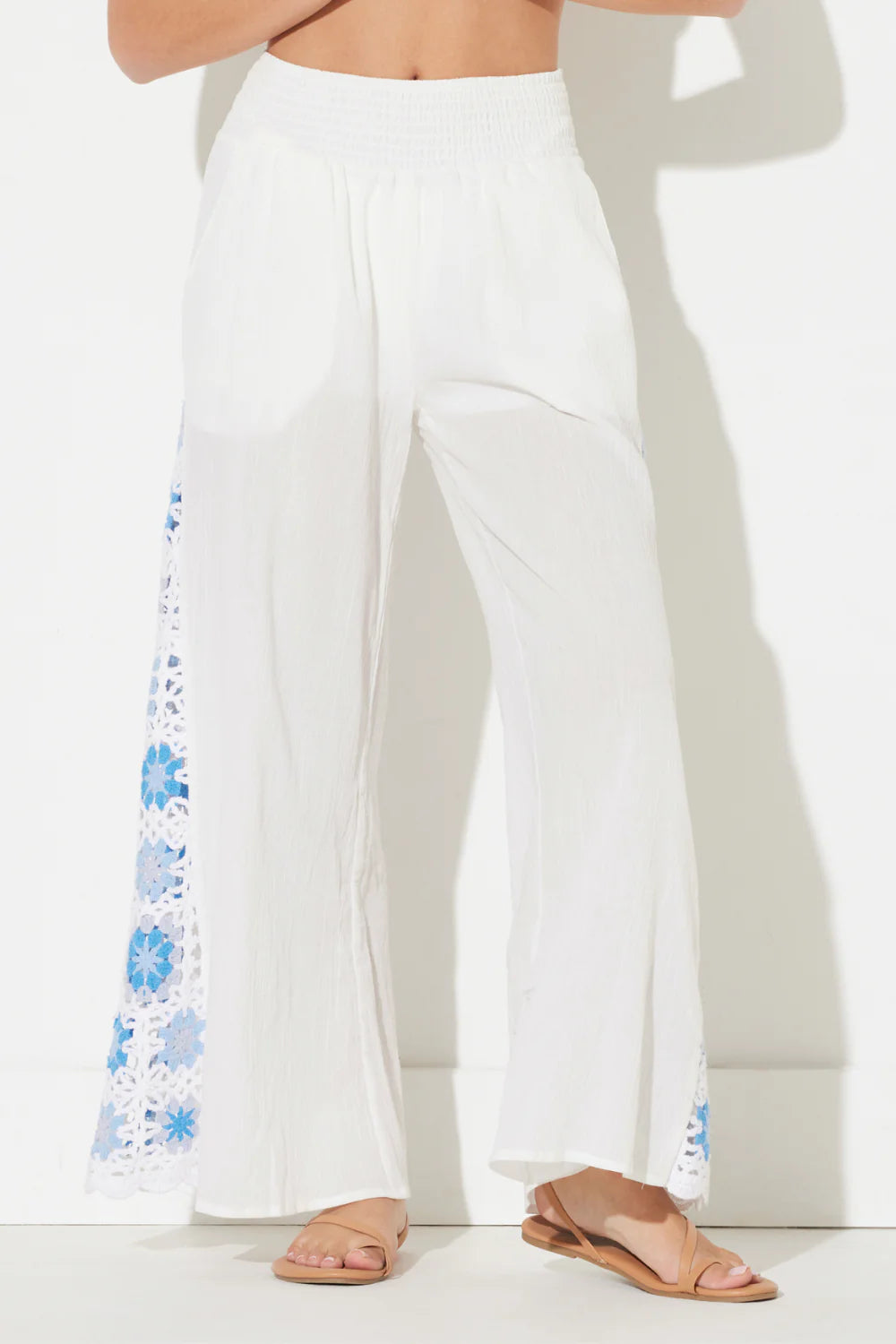 White w/ Blue Crochet Square Insert Pant
