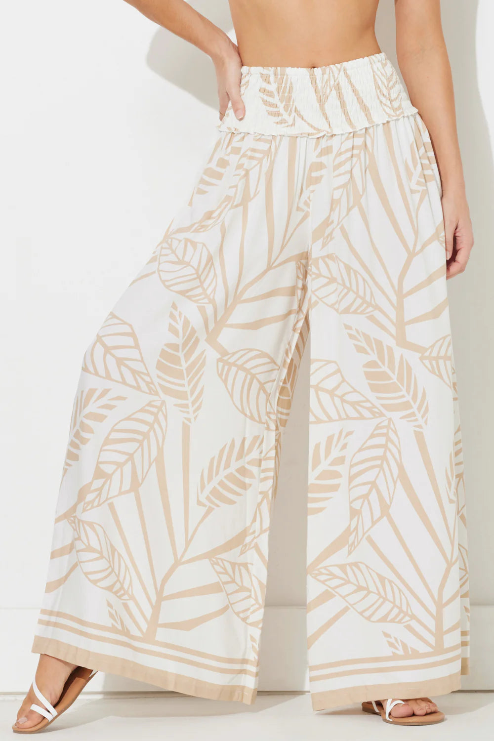 Tan Abstract Leaf Printed Rayon Pant