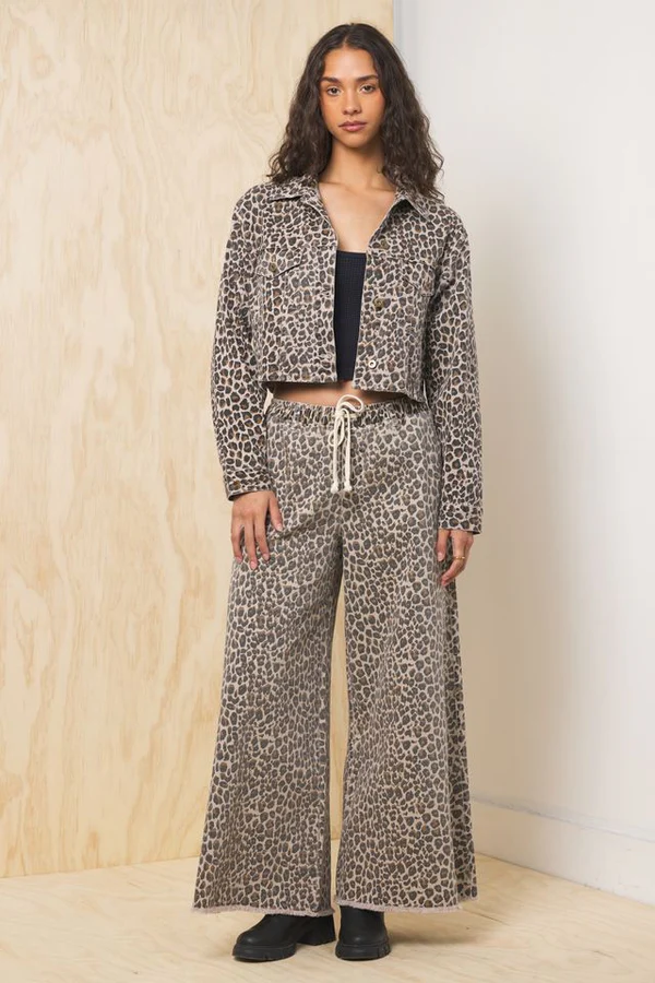 Leopard Stretch Denim Wide Leg