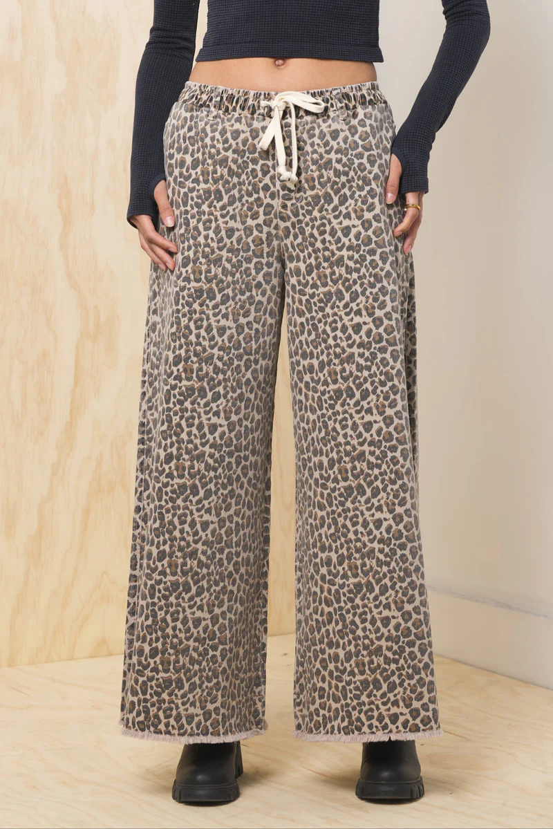 Leopard Stretch Denim Wide Leg