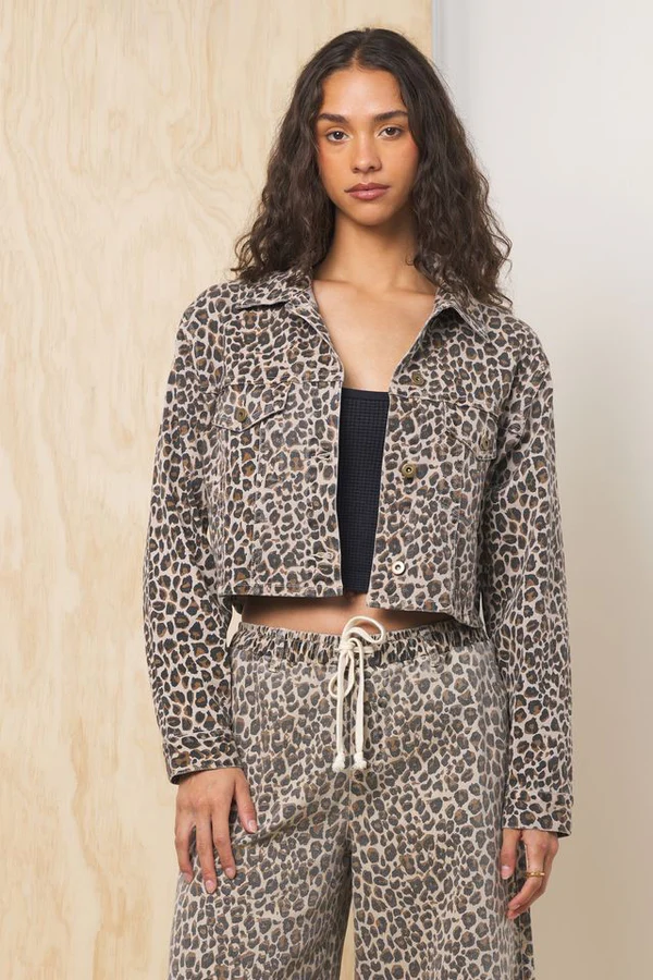 Leopard Stretch Denim Crop Jacket