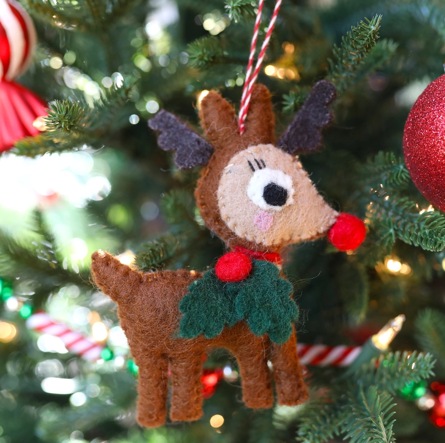 Reindeer w/ Holly Felt Ornament