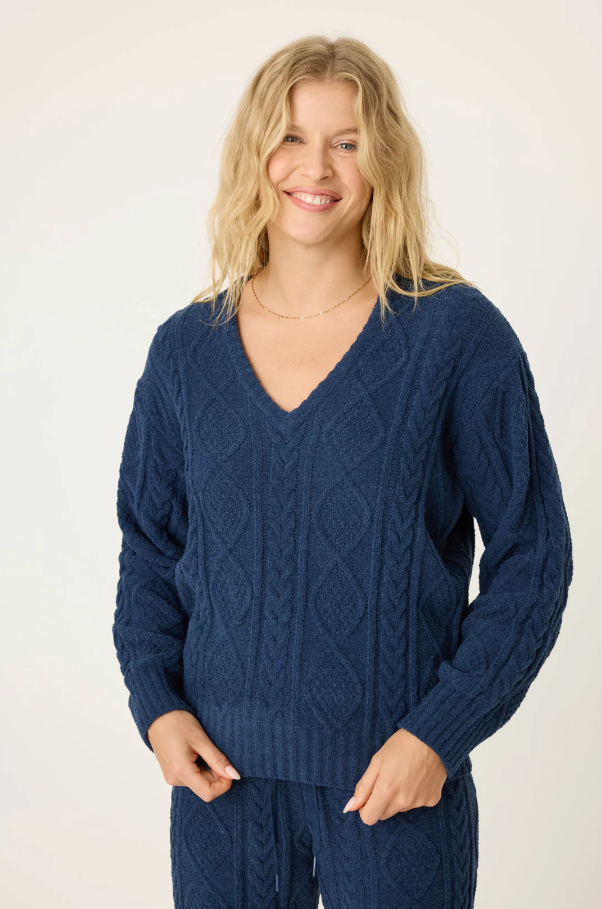 Chenille Cable V-Neck Sweater - Midnight