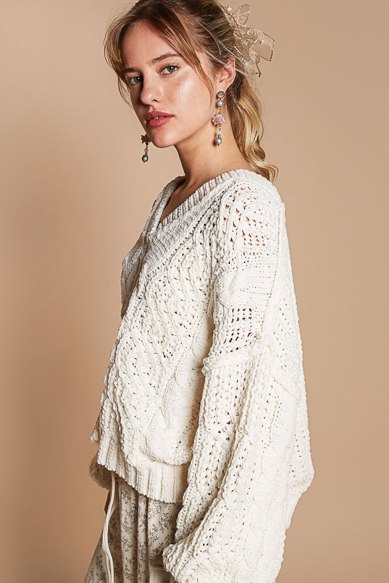 Semi Cropped Chenille Sweater - Cream