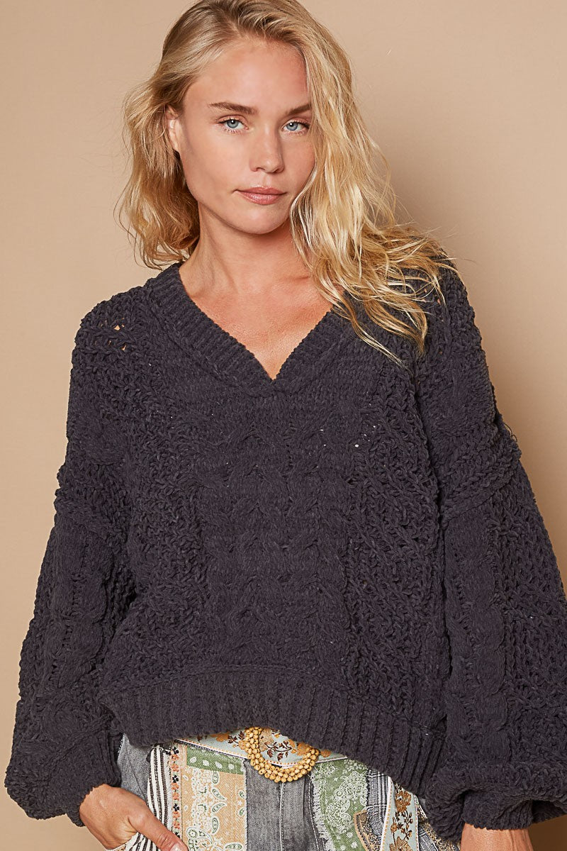 Semi Cropped Chenille Sweater - Grey