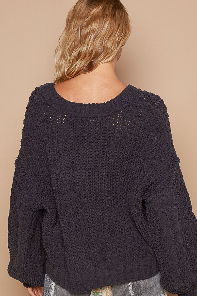 Semi Cropped Chenille Sweater - Grey