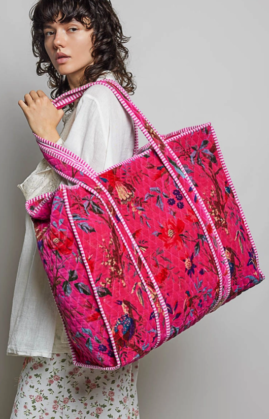 Pink Botanical Velvet Quilted Tote Bag