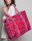 Pink Botanical Velvet Quilted Tote Bag
