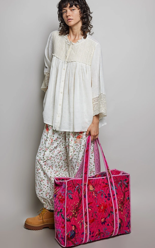 Pink Botanical Velvet Quilted Tote Bag