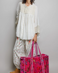 Pink Botanical Velvet Quilted Tote Bag