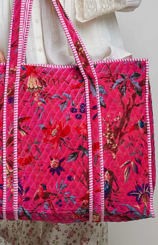 Pink Botanical Velvet Quilted Tote Bag