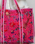 Pink Botanical Velvet Quilted Tote Bag