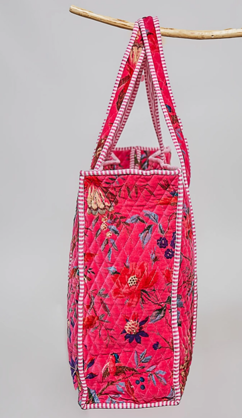 Pink Botanical Velvet Quilted Tote Bag