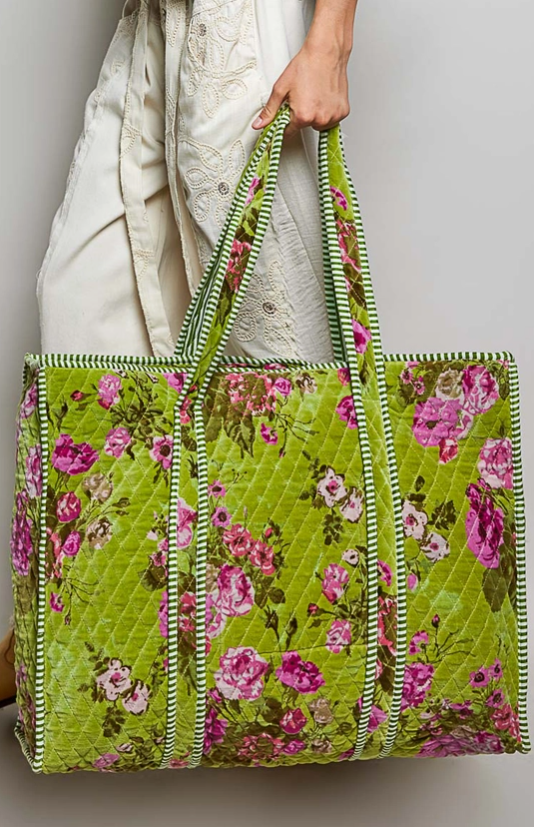 Green Botanical Velvet Quilted Tote Bag