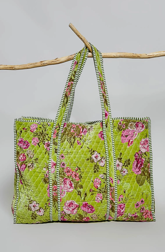 Green Botanical Velvet Quilted Tote Bag