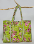 Green Botanical Velvet Quilted Tote Bag