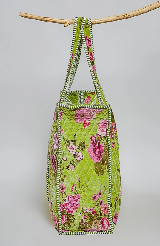 Green Botanical Velvet Quilted Tote Bag