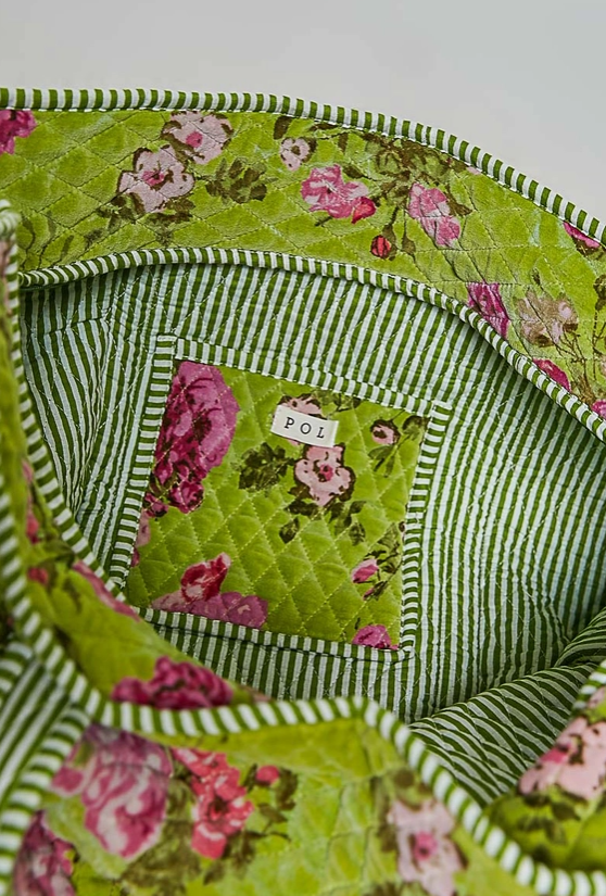 Green Botanical Velvet Quilted Tote Bag
