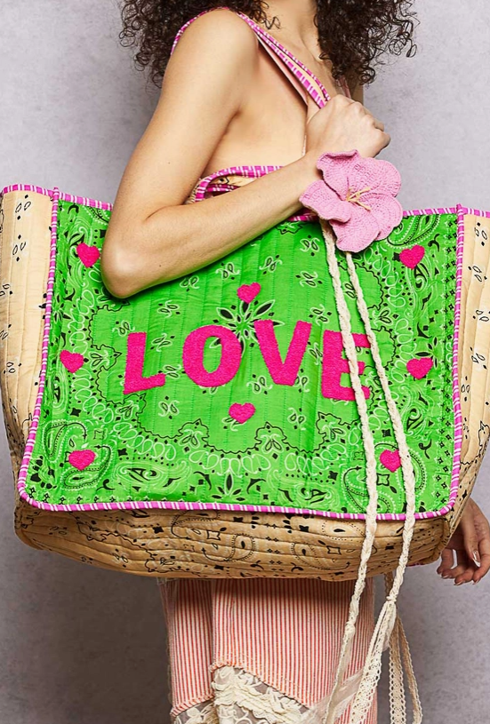 Green Love Bandana Quilted Tote Bag