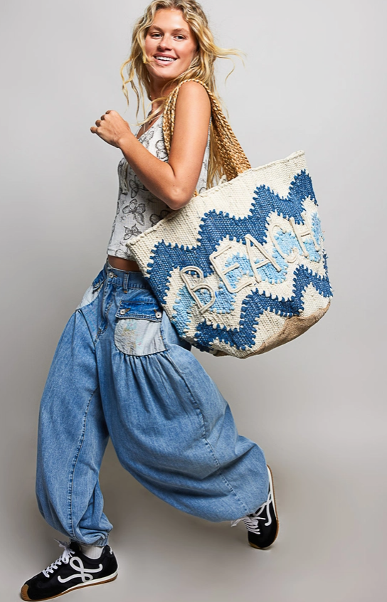 Beach Letter Woven Braided Tote Bag