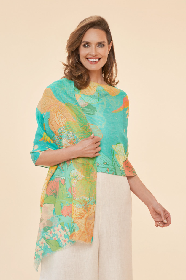 100% Linen Hummingbird Scarf - Aqua
