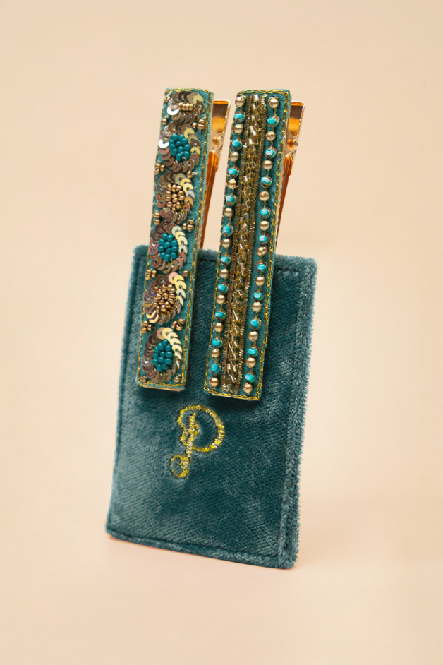 Narrow Jewelled Beaded Hair Clips - Teal