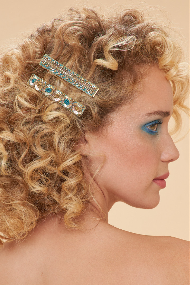 Narrow Jewelled Beaded Hair Clips - Teal