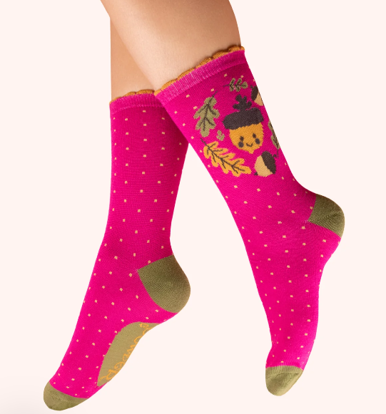 Happy Acorn Ankle Socks - Fuchsia