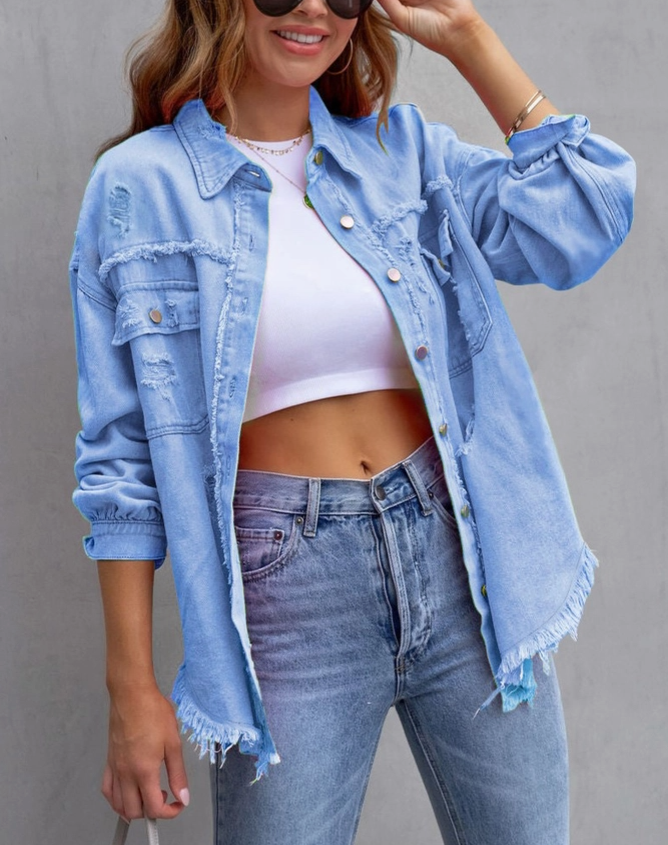 Ripped Long Sleeve Denim Jacket