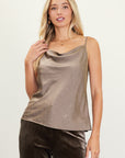 Rhinestone Satin Cowl Neck Cami - Olive