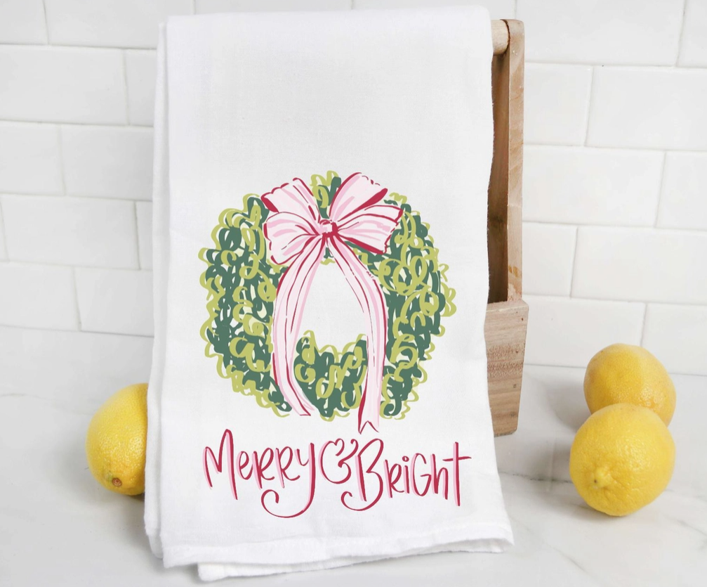 Merry Bright Holiday Wreath Tea Towel