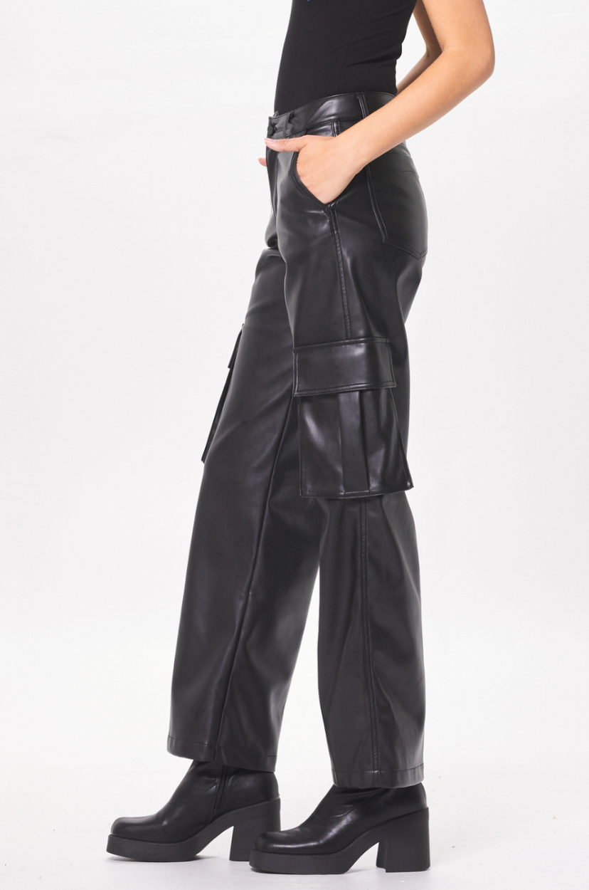 Black Faux Leather Cargo Pant